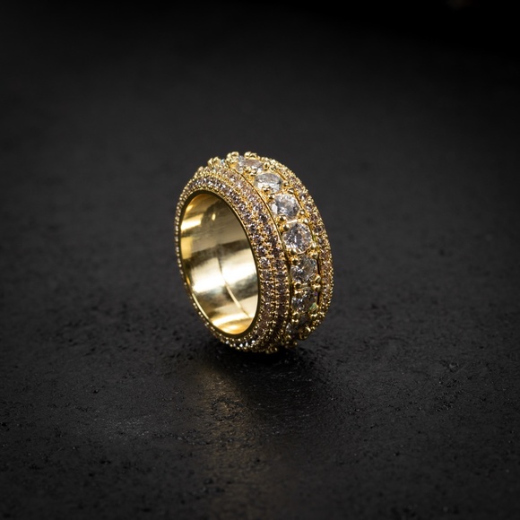 Yellow Gold Plated Iced Cz Pointer Hip Hop Elegant Men's Pinky Eternity Ring - Picture 3 of 6
